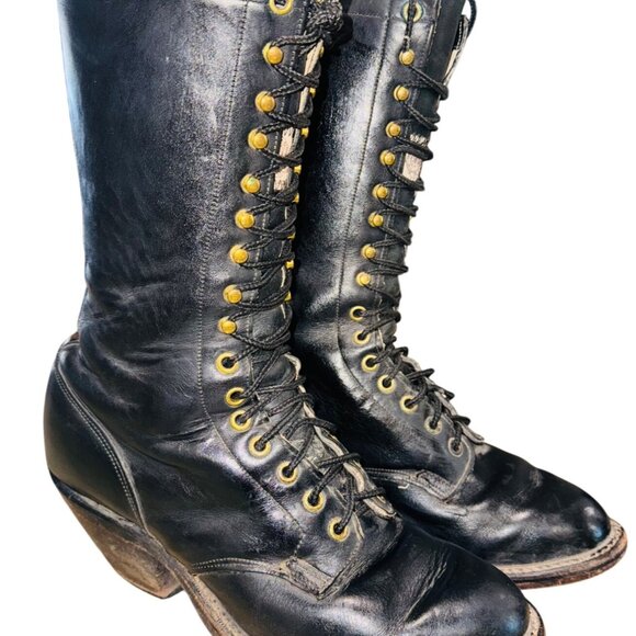 Vintage Olathe Leather 10 Black Lace Up Logger Lineman Boot Work Biker Western - Picture 3 of 11